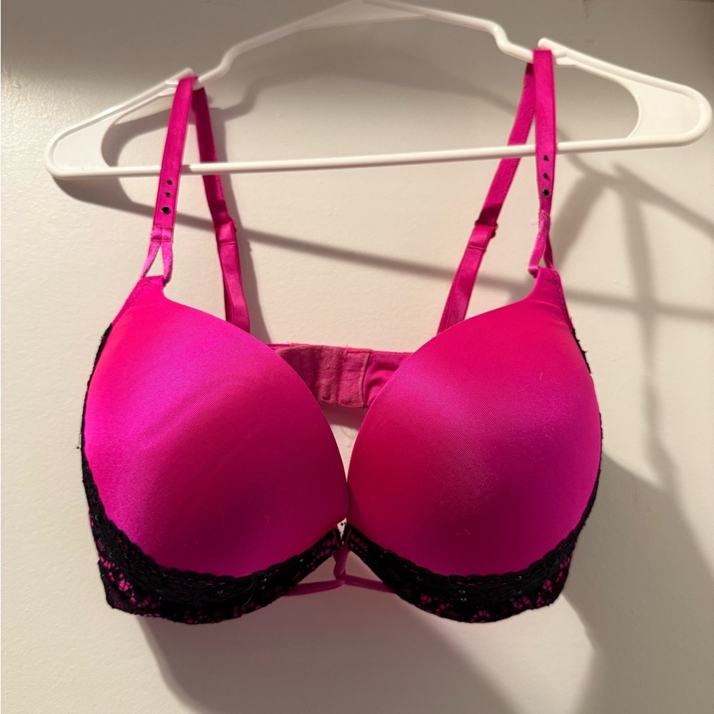 Victoria’s Secret Bombshell Pink and Black Lace Trim Push-Up Bra